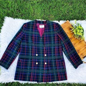 Vintage KASPER Green Multicolored Plaid Stylish Gold Button Blazer Jacket Sz 14